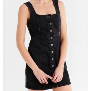 Black Denim Button Front Square Neck Pinafore Dress Mini